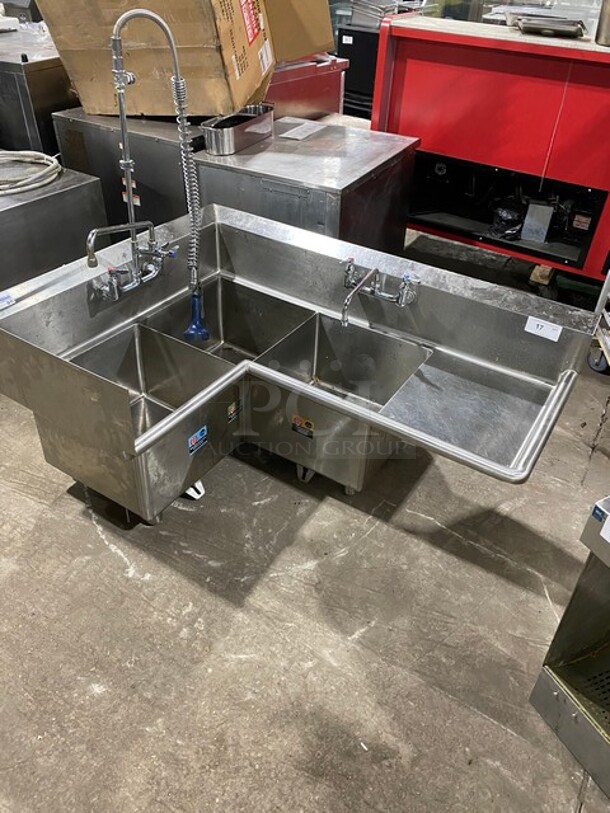 Nice! Stradford Smith High Quality All Stainless Steel 3 Compartment Corner Style Sink!  With Drain Board And Faucet & Jet Spray Assembly!