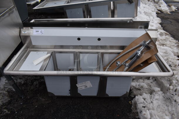 BRAND NEW SCRATCH AND DENT! Steelton 522CS31014LR Stainless Steel Commercial 3 Bay Sink w/ Dual Drain Boards and Spray Nozzle. No Legs. Bays 10x14. Drain Boards 10x16