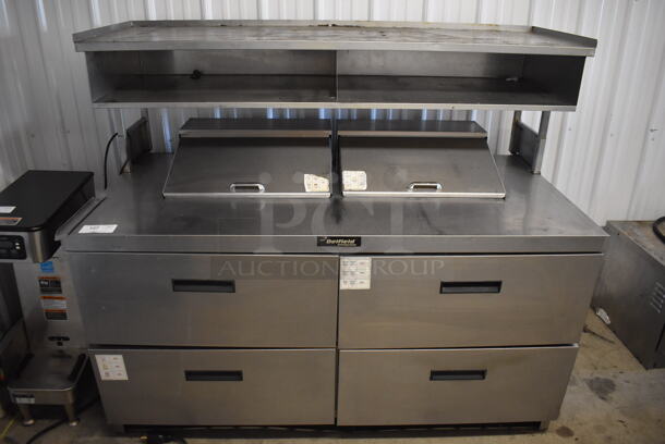 Delfield Stainless Steel Commercial Sandwich Salad Prep Table Bain Marie Mega Top w/ 4 Drawers and Over Shelf on Commercial Casters. 115 Volts, 1 Phase. Tested and Does Not Power On