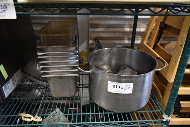 ALL ONE MONEY! Tier Lot of Various Items Including Metal Stock Pot and Stainless Steel Drop In Bins