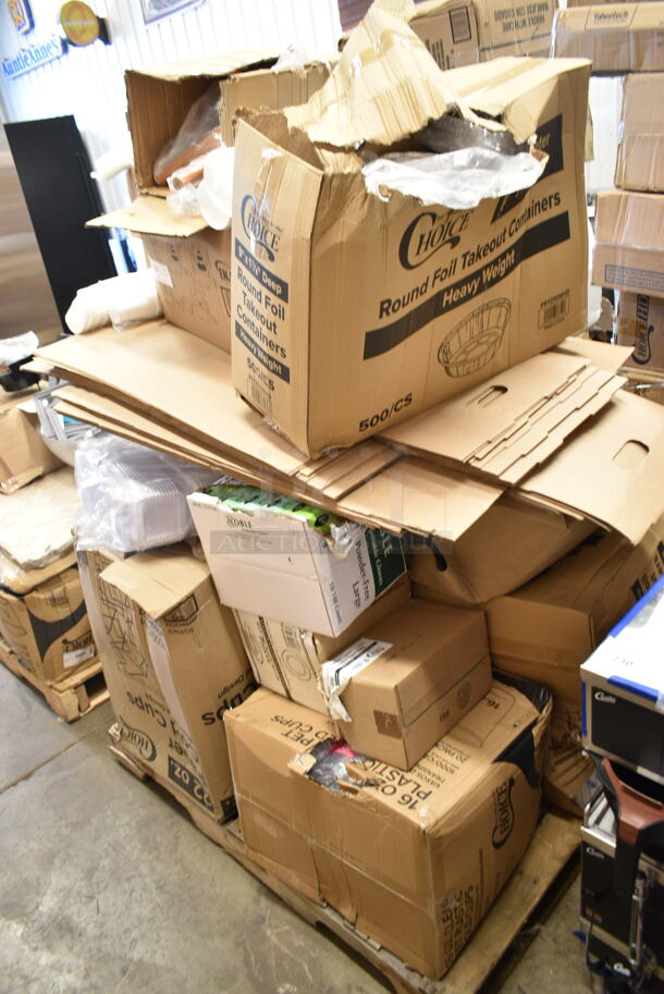 PALLET LOT of 17 BRAND NEW Boxes Including 2 Box 612509HD Round Heavy Weight Foil Take-Out Pan, Choice Basket Liner, Noble Large Gloves, 760PCC22 Poly Paper Cold Cup, Enjay B-FB12 Food Boxes, 164HICRTCHWA High Chair Crotch Panel, 3 Box 347RPBD10WHS White Plastic Plate with Silver Bands. 17 Times Your Bid! - Item #1117716