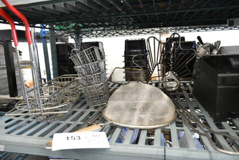 ALL ONE MONEY! Lot of Various Items Including 3 Skimmers, 4 Decorative Fry Baskets and 2 Well Fryer Basket. 