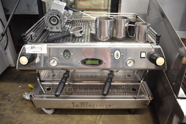 2015 La Marzocco GB5-EE Stainless Steel Commercial Countertop 2 Group Espresso Machine w/ 2 Portafilters and 2 Steam Wands. 220 Volts, 1 Phase. 