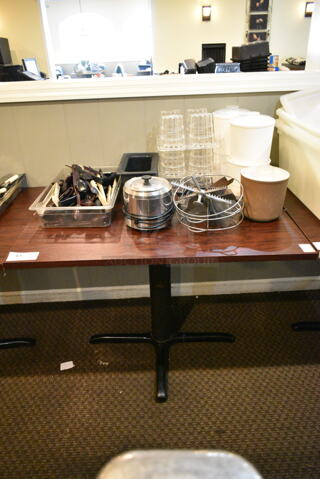 Wood Pattern Dining Height Table w/ Contents Including Utensils, Cups, Poly Cylindrical Drop Ins, Pie Cutters. (main dining room)