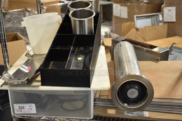 ALL ONE MONEY! Lot of Various Items Including Cup Dispense Chute, Metal Cylindrical Drop Ins and Poly Drawer.