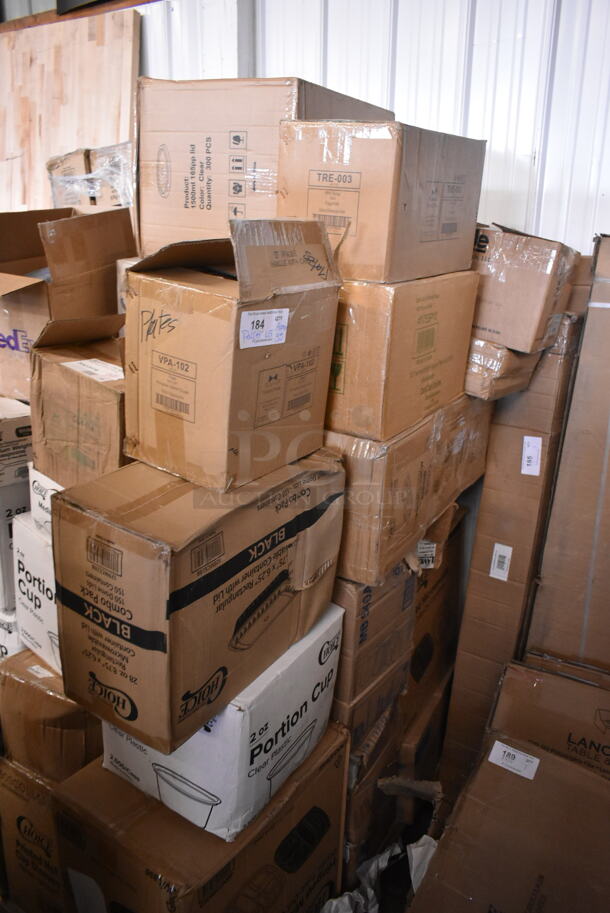 PALLET LOT of 35 BRAND NEW Boxes Including Choice 2 oz Portion Cups, 130WSPOON Choice Medium Weight White Plastic Teaspoon - 1000/Case, 130ROLLKFSBK Visions Utensil Sets, Tuxton VPA-102 Florence 10 1/4" Bright White Coupe China Plate - 12/Case, Tork Paper Towels, 175SP10 TreeVive by EcoChoice 10" Compostable Square Palm Leaf Plate - 100/Case, Tuxton TRE-003 Reno / Nevada 9 oz. Eggshell China Soup Bowl - 24/Case, 2 Box 129MCR32B Choice 32 oz. Black Round Microwavable Heavy Weight Container with Lid 7 1/4" - 150/Case. 35 Times Your Bid!