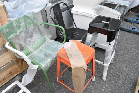 4 BRAND NEW SCRATCH AND DENT! Items Including Green Patio Arm Chair, Black Tolix Style Chair, Orange Stool and Black Tolix Style Bar Stool. 4 Times Your Bid! 