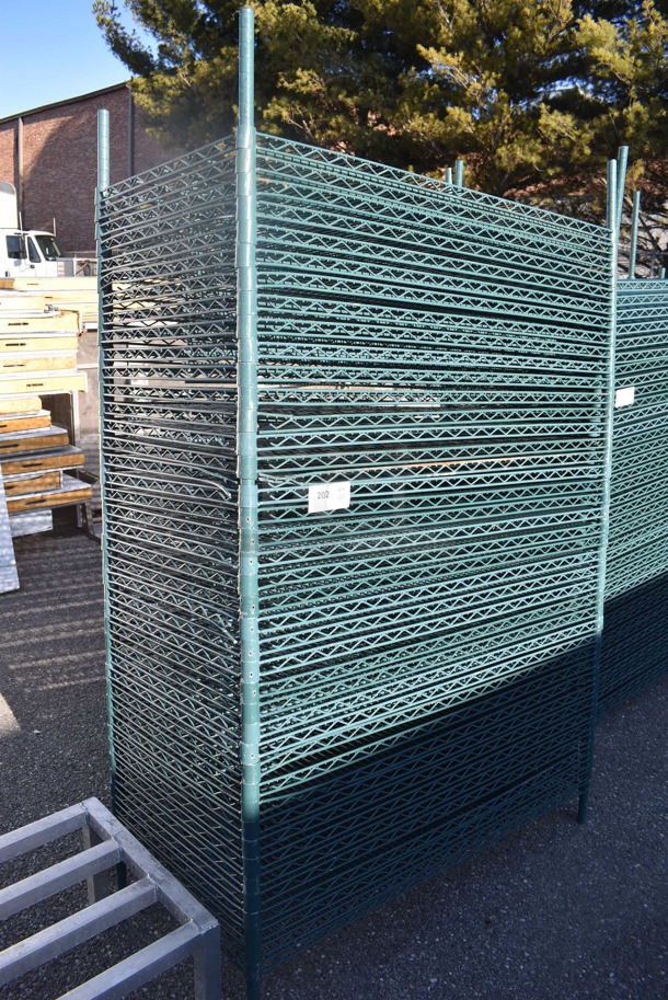 ALL ONE MONEY! Lot of 40 Green Finish Wire Shelves and 4 Poles. 48x24x1.5, 75"
