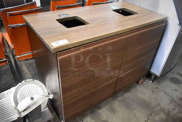 Wood Pattern 2 Door Trash Can Shell on Commercial Casters. 50x26x37