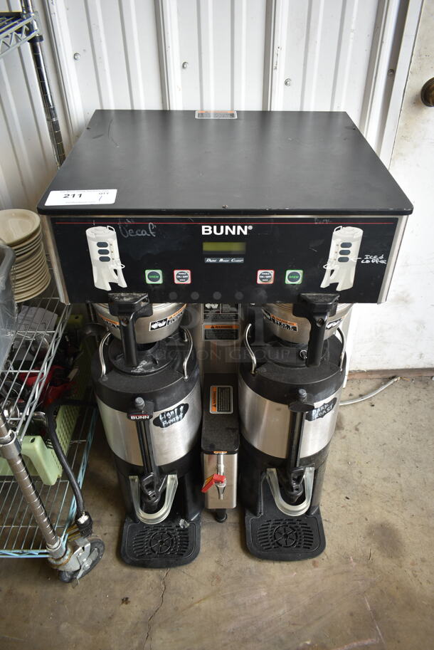 2014 Bunn DUAL TF DBC Stainless Steel Commercial Countertop Double Coffee Machine w/ Hot Water Dispenser, 2 Satellites and 2 Metal Brew Baskets. 120/240 Volts, 1 Phase. 