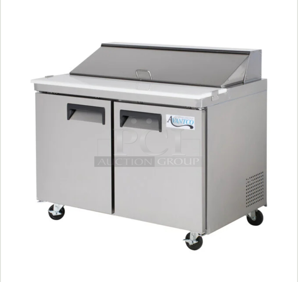 BRAND NEW SCRATCH AND DENT! 2022 Avantco 178SSPT48HC Stainless Steel Commercial Sandwich Salad Prep Table Bain Marie Mega Top on Commercial Casters. 115 Volts, 1 Phase. Tested and Working!