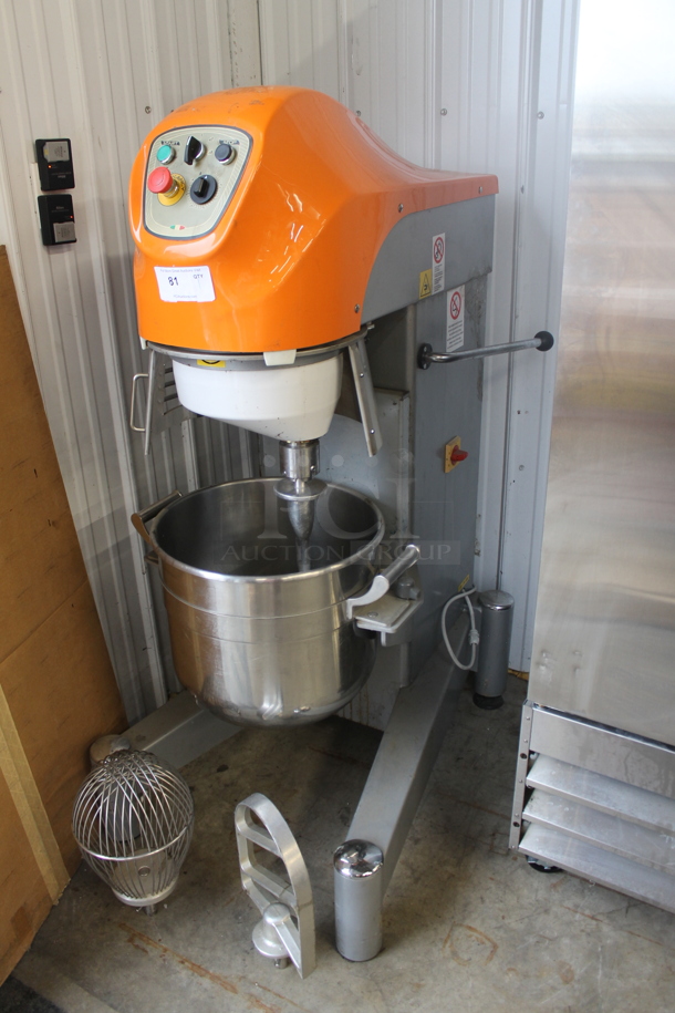 BRAND NEW! 2016 Sabitech MIPL40STR Metal Commercial Floor Style 40 Quart Planetary Dough Mixer w/ Stainless Steel Mixing Bowl, Bowl Guard, Dough Hook, Paddle and Whisk Attachments. 220 Volts, 3 Phase.