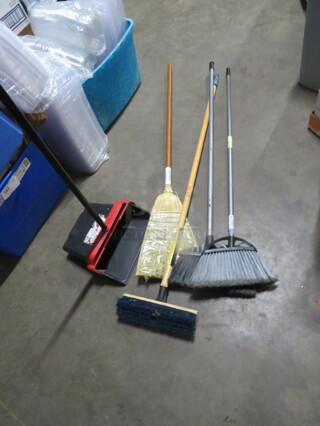 One Lot Of 4 Assorted Brooms And 1 Dust Pan.