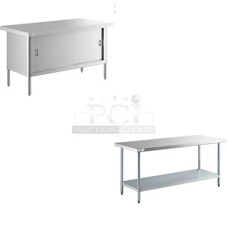 2 BRAND NEW SCRATCH AND DENT! Items Including Regency 600T3072G 30" x 72" 18-Gauge 304 Stainless Steel Commercial Work Table with Galvanized Legs and Undershelf and Steelton 522EBTKD3060D 30" x 60" 16 Gauge Type 430 Stainless Steel Enclosed Base Sliding Door Table. 2 Times Your Bid! May Be Missing Pieces.  