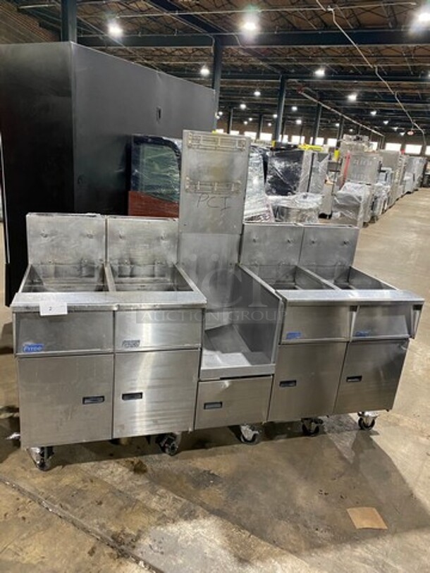 FAB! Pitco Frialator Commercial Natural Gas Powered 4 Bay Deep Fat Fryer! With Middle Fryer Basket Rack! All Stainless Steel! On Casters! Model: SGH50 SN: G13JE049283