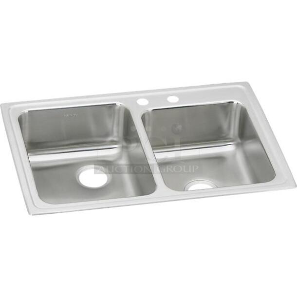 BRAND NEW SCRATCH AND DENT! Elkay LR2502 Lustertone Classic Stainless Steel 33" x 22" x 7-7/8" Offset Double Bowl Drop-in Sink. Stock Picture Used For Gallery Picture.