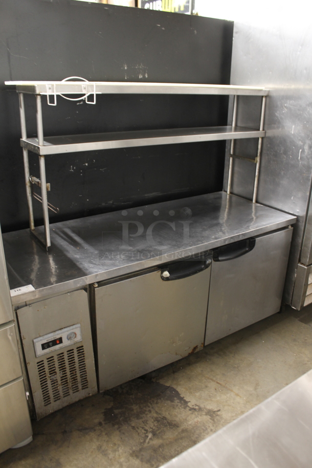Stainless Steel Commercial 2 Door Work Top Cooler w/ 2 Tier Over Shelf. 115 Volts, 1 Phase. Tested and Working!
