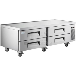 BRAND NEW SCRATCH AND DENT! 2024 Avantco 178CBE72HC Stainless Steel Commercial 4 Drawer Chef Base on Commercial Casters. Missing Vent Cover. 115 Volts, 1 Phase. Cannot Test Due To Missing Power Cord