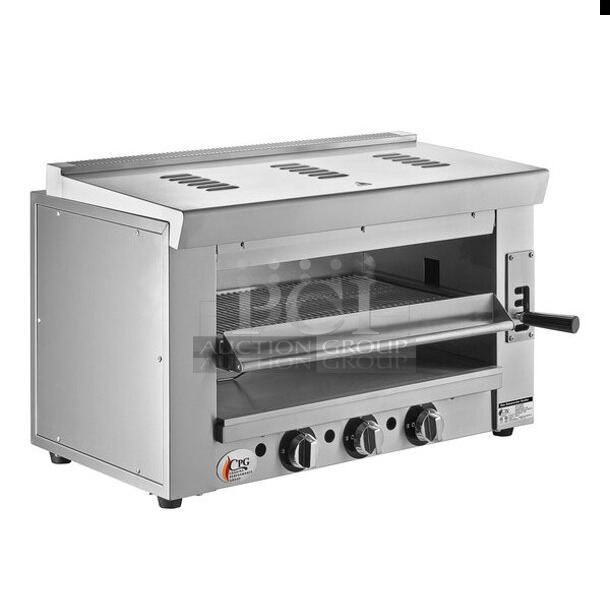 BRAND NEW SCRATCH AND DENT! Cooking Performance Group CPG 351S36SBL Stainless Steel Commercial Natural Gas Powered Salamander Broiler Cheese Melter. 36,000 BTU.