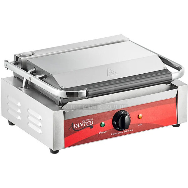 BRAND NEW SCRATCH AND DENT! Avantco 177P70S Stainless Steel Commercial Countertop Panini Sandwich Grill with Smooth Plates - 13" x 8 3/4" Cooking Surface. 120 Volts, 1 Phase. Tested and Working!