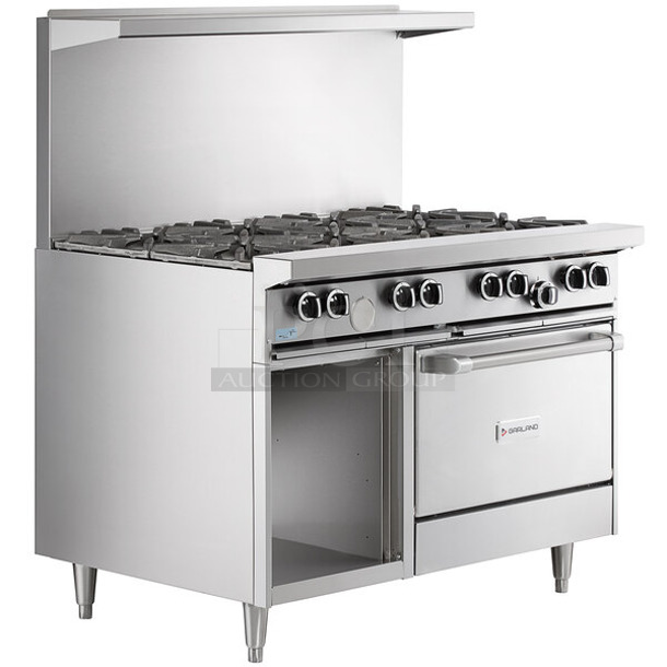 BRAND NEW SCRATCH AND DENT! 2023 Garland G48-8RS Stainless Steel Commercial Natural Gas Powered 8 Burner 48" Range with Standard Oven and Storage Base. 302,000 BTU