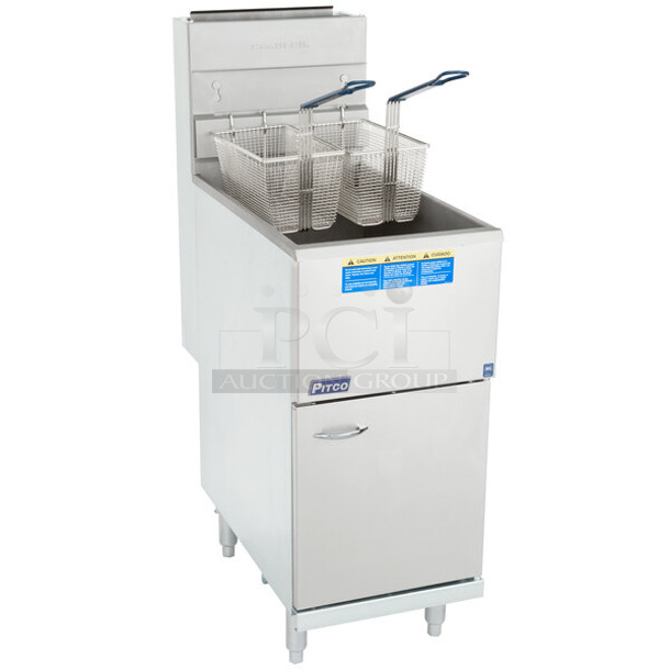 BRAND NEW! 2021 Pitco Frialator 45C Stainless Steel Commercial Floor Style Natural Gas Powered Deep Fat Fryer w/ 2 Metal Fry Baskets. 122,000 BTU. - Item #1126977