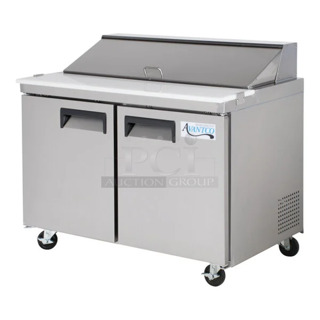 BRAND NEW SCRATCH AND DENT! 2023 Avantco 178APT48HC Stainless Steel 48" 2 Door Refrigerated Sandwich Prep Table. 115 Volts, 1 Phase. Tested and Working!