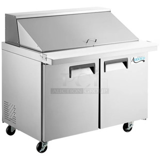 BRAND NEW SCRATCH AND DENT! 2024 Avantco 178APT48MHC Stainless Steel Commercial Sandwich Salad Prep Table Bain Marie Mega Top on Commercial Casters. 115 Volts, 1 Phase. Tested and Working!