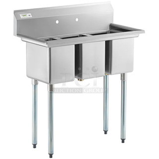 BRAND NEW SCRATCH AND DENT! Regency 600S31014 39" 16-Gauge Stainless Steel Three Compartment Commercial Sink with Galvanized Steel Legs and without Drainboards - 10" x 14" x 12" Bowls. No Legs. 