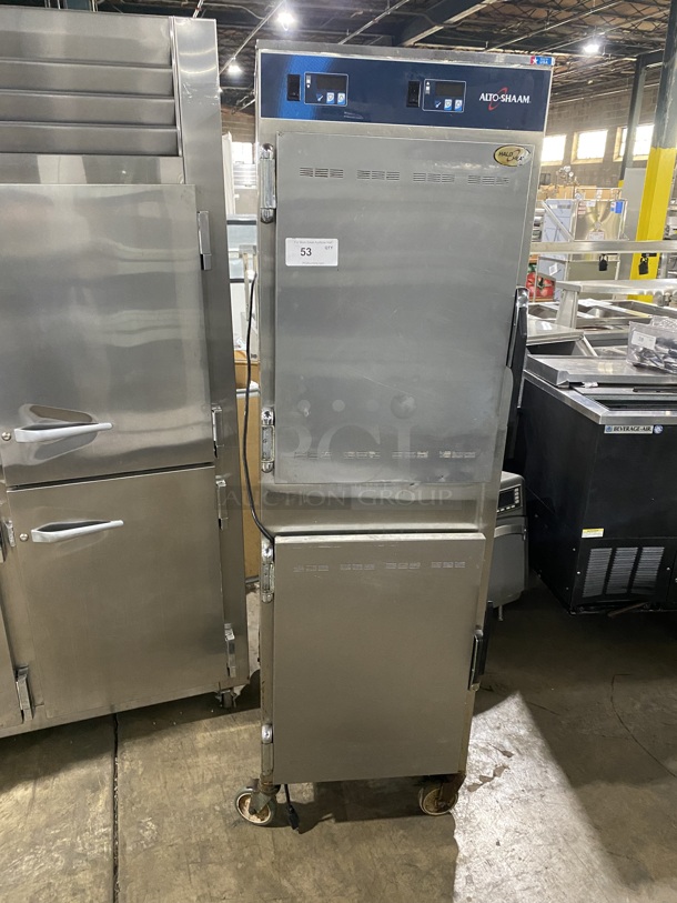 AUTO-SHAAM Stainless Steel 2 Door Halo Heat Holding Cabinet W/ Stainless Steel Trays! On Casters! Model 1000-UP Serial 1001310-000 208V-240V/60Hz/1 Phase! Working When Removed! 