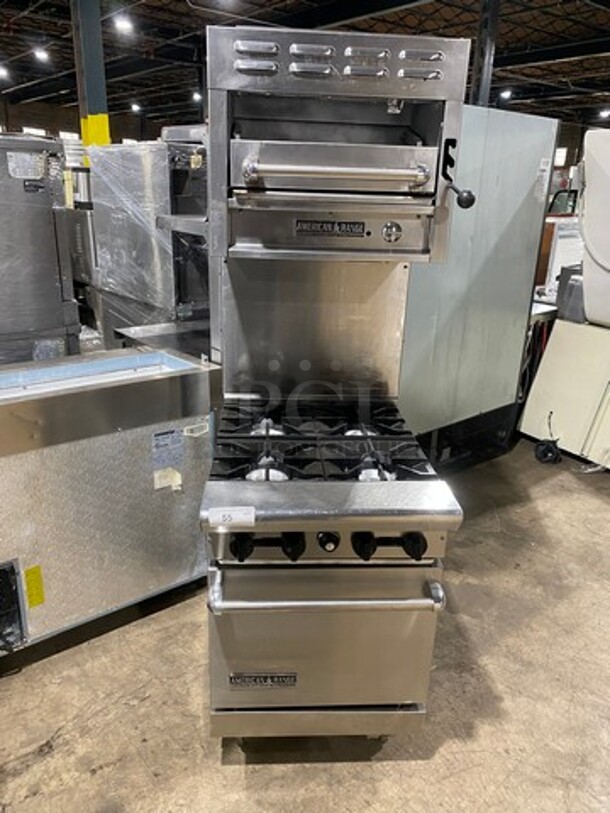 American Range Commercial Natural Gas Powered 4 Burner Stove! With Raised Back Splash And American Range Salamander! With Oven Underneath! All Stainless Steel! On Legs!