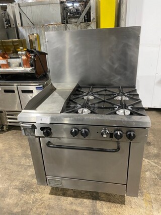 SouthBend Commercial Natural Gas Powered Split Top 4 Burner Stove! With Left Side Flat Griddle! With Full Sized Oven Underneath! With Backsplash! All Stainless Steel! With Metal Oven Racks! On Casters! Model: X336D-1GL SN: 04C65469!