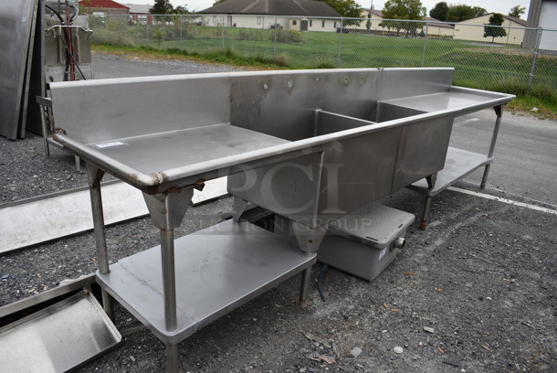 Stainless Steel Commercial 2 Bay Sink w/ Dual Drain Boards and Under Shelves. 156x28x45. Bays 30x24x14