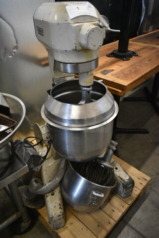 Hobart A-200-F Metal Commercial 20 Quart Planetary Dough Mixer w/ 2 Metal Mixing Bowl, Bowl Guard, Paddle and 2 Whisk Attachments. 115 Volts, 1 Phase. 