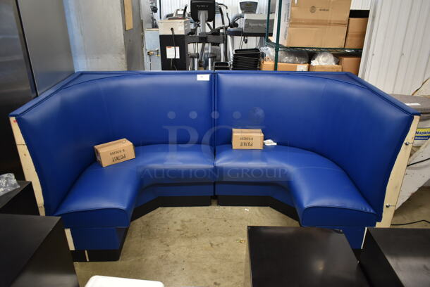 2 BRAND NEW SCRATCH AND DENT! Blue Corner Booth Seats. Comes w/ New Commercial Casters. 2 Times Your Bid!