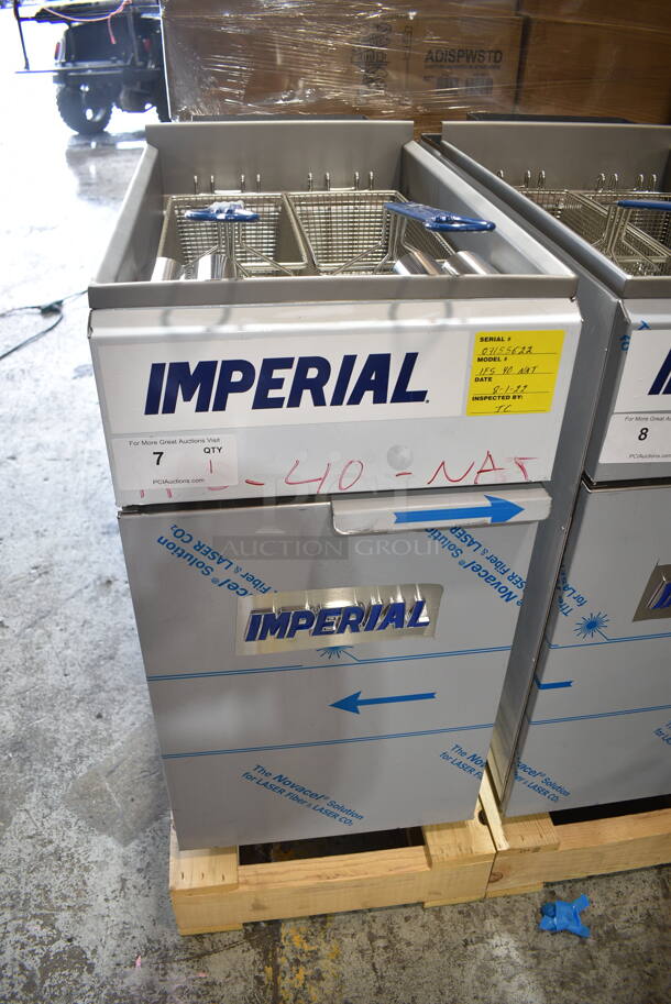 BRAND NEW SCRATCH AND DENT! Imperial IFS-40 Stainless Steel Commercial Floor Style Natural Gas Powered Deep Fat Fryer w/ 2 Metal Fry Baskets. Does Not Have Back Panel. 105,000 BTU. 