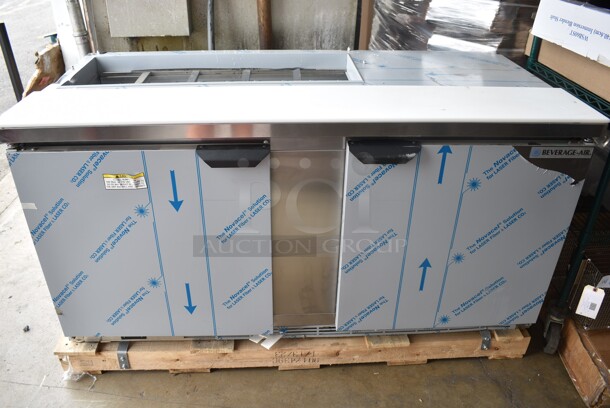 BRAND NEW SCRATCH AND DENT! Beverage Air SPE60HC-10 Stainless Steel Commercial Elite Series 60" 2 Door Refrigerated Sandwich Prep Table on Commercial Casters. 115 Volts, 1 Phase. Tested and Working!