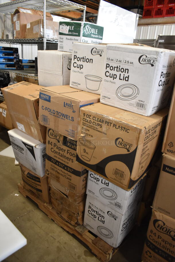 PALLET LOT of 25 BRAND NEW Boxes Including 3 Boxes 127PL2 Choice PET Plastic Lid for 1.5 to 2.5 oz. Souffle Cup / Portion Cup - 2500/Case, Box 2 oz Portion Cups, 500CC9 Choice 9 oz. Clear PET Customizable Plastic Squat Cold Cup - 1000/Case, 3 Box Charger Plate, 500CFT Lavex White C-Fold Standard Weight Towel - 2400/Case, 2 Box 795PTOKFTW4 Choice 8 3/4" x 6 1/2" x 3 1/2" Kraft Folded Paper #4 Take-Out Container with Window - 140/Case, 130HCUTFWR Visions Individually Wrapped White Heavy Weight Plastic Fork - 1000/Case, 2 Box 612509LCO Choice 9" Round Standard Weight Foil Take-Out Pan with Board Lid - 200/Case, 2 Box AD06 Genpak 6 oz. Clear Hinged Deli Container - 400/Case, 612P509S Choice 9" Clear Round Plastic Dome Lid - 500/Case, 394365L Noble Products Powder-Free Disposable Clear Vinyl Gloves for Foodservice - Large - 1000/Case, 2 Box 130BKFSNH Visions Heavy Weight Black Wrapped Plastic Cutlery Pack with Napkin - 500/Case, 128HD8COMBO ChoiceHD 8 oz. Microwavable Translucent Plastic Deli Container and Lid Combo Pack - 240/Case, 176ALSPILLFL Choice Full Size 6" Deep Aluminum Steam Table Spillage / Water Pan. 25 Times Your Bid!