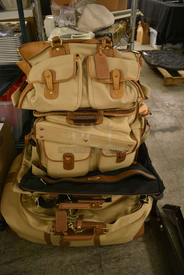 ALL ONE MONEY! Lot of Ghurka Luggage Including Tan Leather Travel Bags, Umbrella, Wardrobe Bag, and Duffel Bag 