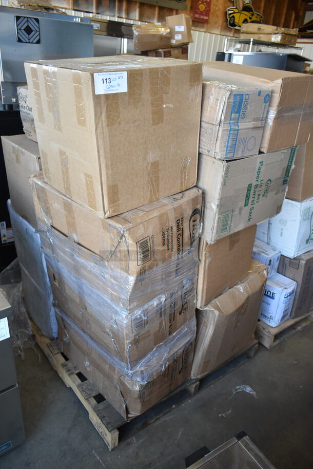 PALLET LOT of 13 BRAND NEW Boxes Including 90HTPF3R Dart 90HTPF3R 9" x 9" x 3" Perforated White Foam Three-Compartment Square Take Out Container with Hinged Lid - 200/Case, 129MCS38B Choice 38 oz. Black Rectangular Microwavable Heavy Weight Container with Lid 8 3/4" x 6 1/4" x 2" - 150/Case, 5002DNAP Choice White 2-Ply Dinner Napkin 17" x 15" - 3000/Case, Linen Feel 5004NAP1/4WH DNAP LINEN FEEL WHITE 800 1/4 FOLD 15x15.75 DRC, 433BR1657SACK Choice 1/6 57# Brown Paper Barrel Sack - 500/Case, 127RD32COMBO Choice 32 oz. Microwavable Clear Round Deli Container and Lid Combo Pack - 250/Case, 612P509S Choice Take Out Lids, 5002DNAP Napkins. 13 Times Your Bid!