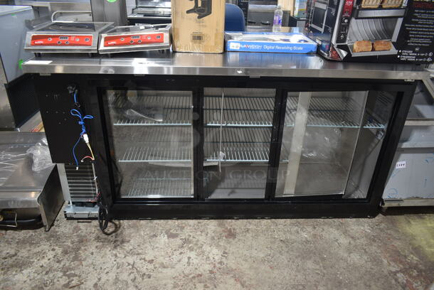 BRAND NEW SCRATCH AND DENT! 2023 Avantco 178UBB72SHC Stainless Steel Commercial 3 Door Back Bar Cooler Merchandiser. Missing 1 Door. 115 Volts, 1 Phase.  Tested and Does Not Power On