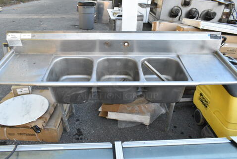 Eagle Stainless Steel Commercial 3 Bay Sink w/ Dual Drain Boards and Mounted Commercial Can Opener. Bays 16x19x10. Drain Boards 16.5x21