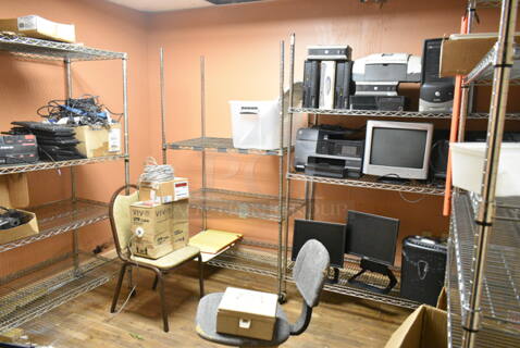 ALL ONE MONEY! Room Lot of Various Items Including Chrome Finish Wire Shelves, Computer Monitors and Chair. BUYER MUST REMOVE: Bring Tools and Manpower Needed To Remove This Item. (basement) 