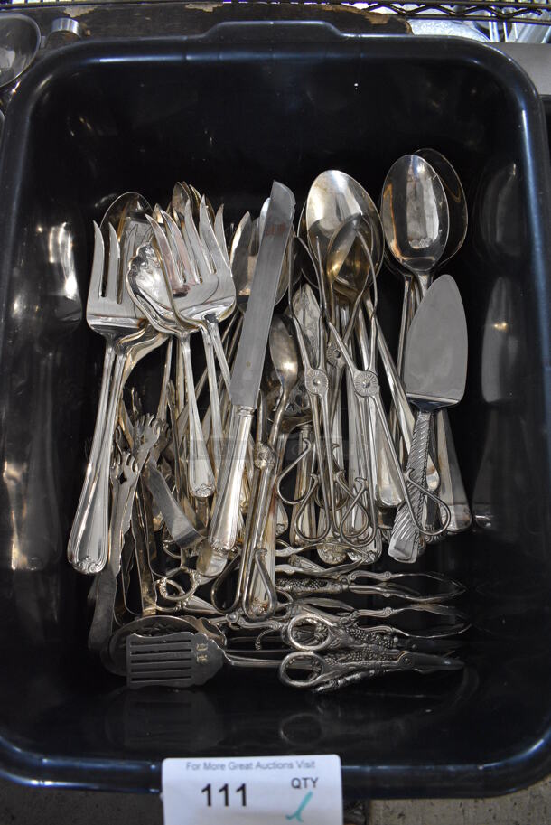 ALL ONE MONEY! Lot of Various Metal Utensils Including Serving Spoons and Forks in Black Poly Bus Bin!