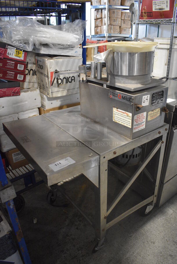 Patty-o-matic Stainless Steel Commercial Patty Former on Stand w/ Commercial Casters. 115 Volts, 1 Phase. 30x24x46. Tested and Powers On