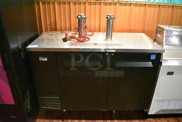 Turbo Air TBD-2SB Stainless Steel Commercial Direct Draw Kegerator w/ 2 Beer Towers and 2 Couplers on Commercial Casters. 115 Volts, 1 Phase. 59x27.5x55. Item Was in Working Condition on Last Day of Business. (bar)