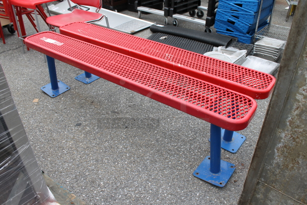 2 Red Metal Mesh Pattern Benches on Blue Legs. 2 Times Your Bid!