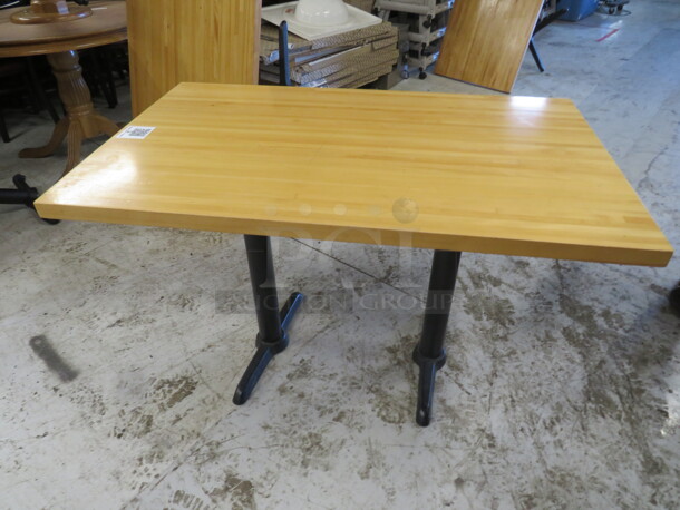 One Solid Wooden Butcher Block Table Top On A Dual Pedestal Base. 48X30X30
