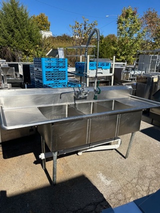 One 3 Compartment Stainless Steel Sink With Faucet And Hose Sprayer, And R/L Drain Boards. 91X31X42. Sink 18X24X14. 