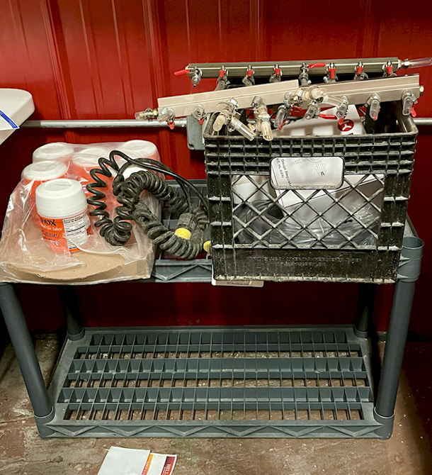 LOADED! Plastic Shelf Utility Shelf With (6) Containers of Knox Gelatine, Keg Valve Setups, Extension Cord and Hoses